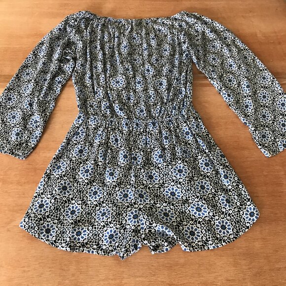 Ava Sky Romper Dress Women S Blue Geometric Tie Waist Pocket Long Sleeve Stretch - Picture 2 of 13